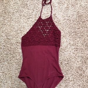 Red Crochet Halter Bodysuit from Charlotte Ruse